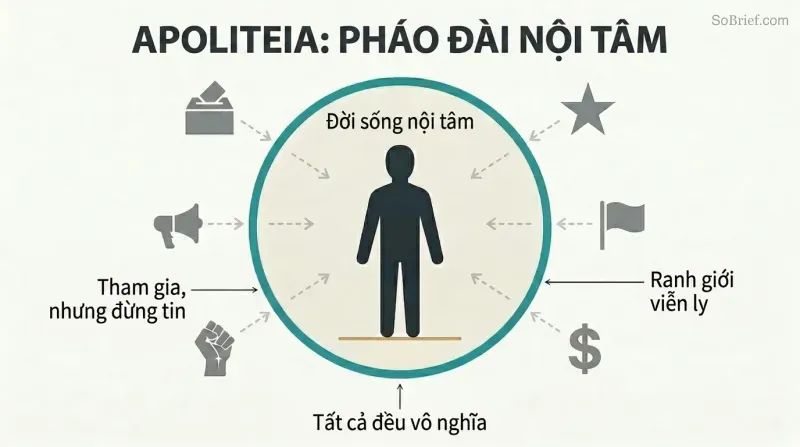 Concentric diagram showing a still human figure inside a calm protected circle, surrounded by equivalent political symbols kept outside a firm boundary.