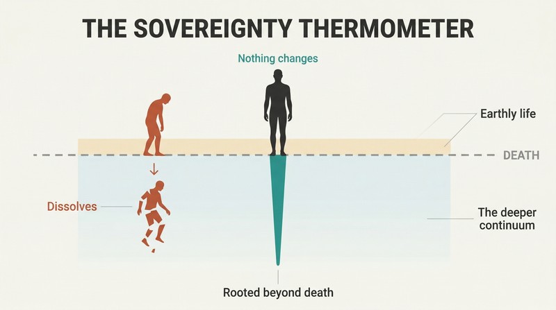 Iceberg-style depth diagram showing a figure rooted far below a death threshold line, with earthly life as a narrow band within a vast continuum of being.