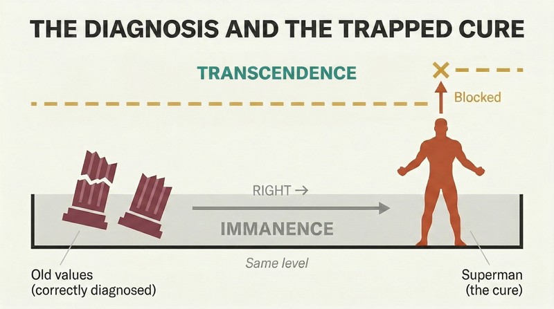 Horizontal plane of immanence containing both collapsed old values and the superman, with a blocked arrow showing transcendence unreached above.