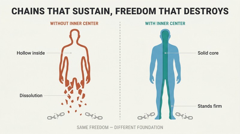 Split panel comparing two human silhouettes after liberation — one hollow and crumbling, the other standing firm with a solid inner core visible.