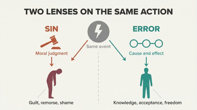 Split panel comparing the sin framework of moral judgment leading to guilt with the error framework of cause-and-effect analysis leading to clarity.