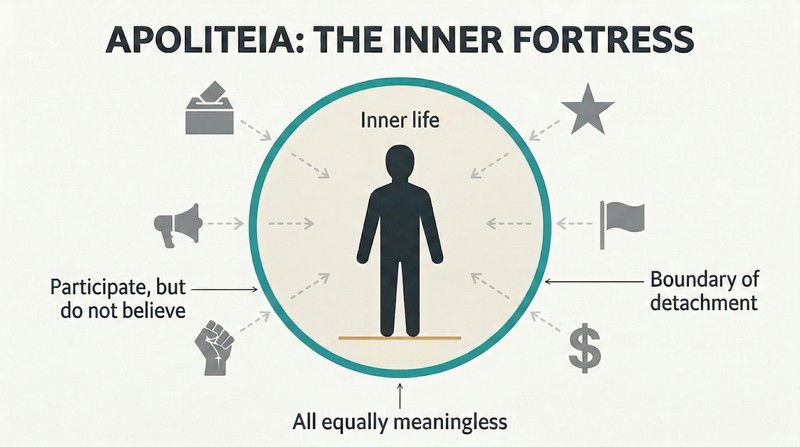 Concentric diagram showing a still human figure inside a calm protected circle, surrounded by equivalent political symbols kept outside a firm boundary.