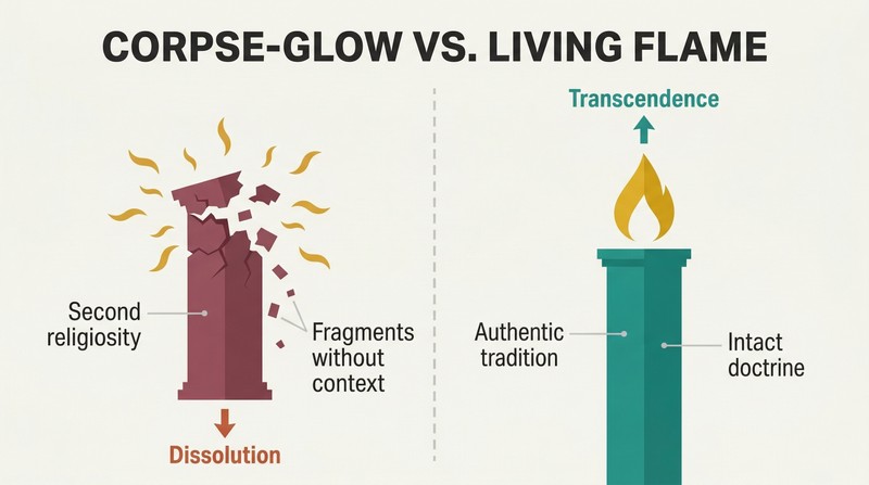 Split panel comparing a crumbling pillar emitting sickly downward wisps on the left with a solid pillar bearing an upward flame on the right, distinguishing counterfeit spirituality from authentic tradition.