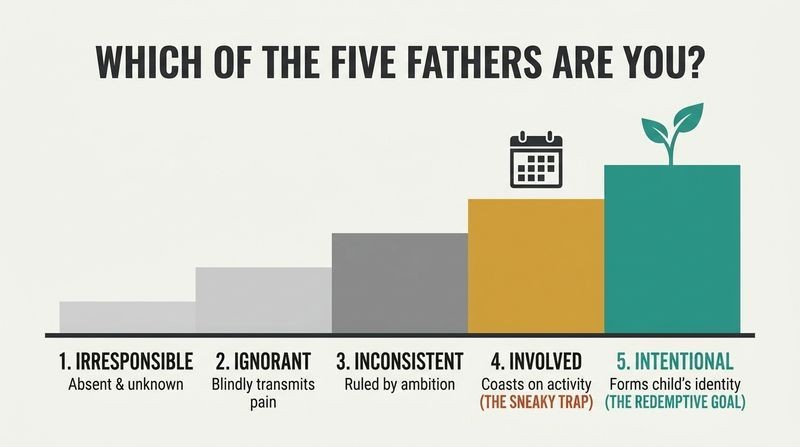 A five-step staircase diagram showing types of fatherhood ascending from irresponsible to intentional, highlighting level 4 'involved' as a trap and level 5 'intentional' as the goal.