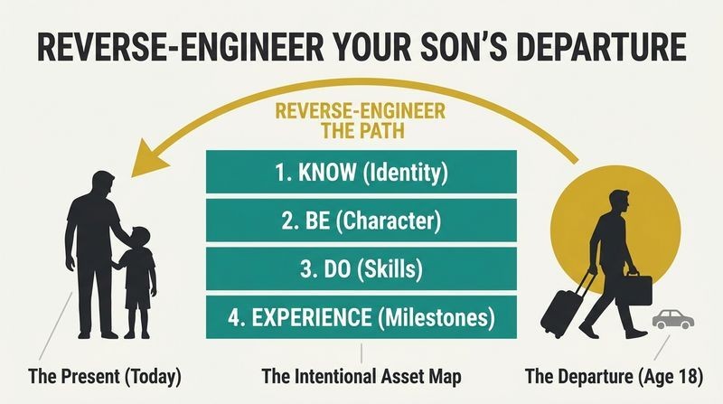 A reverse-roadmap showing a father planning backward from his adult son's departure day on the right to the present day on the left, bridged by four pillars: Know, Be, Do, and Experience.