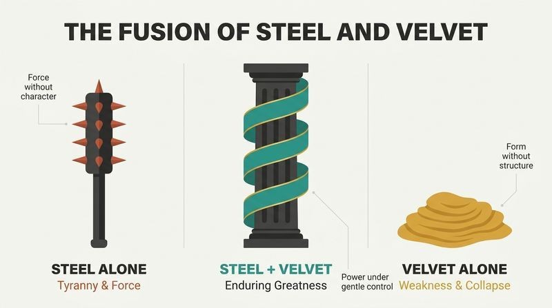 Three-column diagram illustrating how steel alone leads to tyranny and velvet alone leads to collapse, while their fusion creates true, enduring greatness.