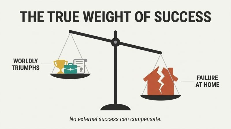 A tilted balance scale showing that a heavy, cracked house representing family failure completely outweighs a pile of career trophies and wealth.