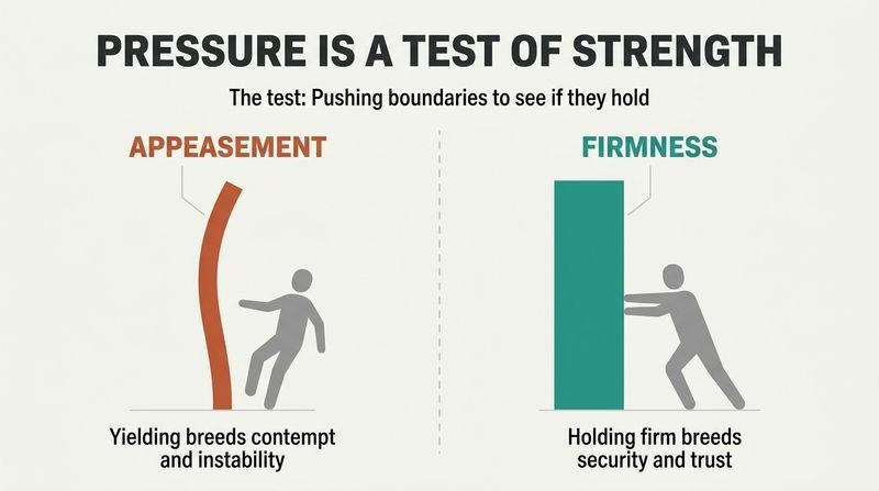 Split-panel diagram showing how yielding to pressure causes relationship instability while standing firm provides trusted security.