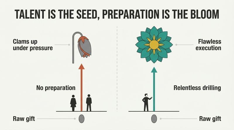 Split-panel diagram showing how raw talent alone results in an unopened, clammed-up bud under pressure, while talent combined with relentless preparation blooms into flawless execution.