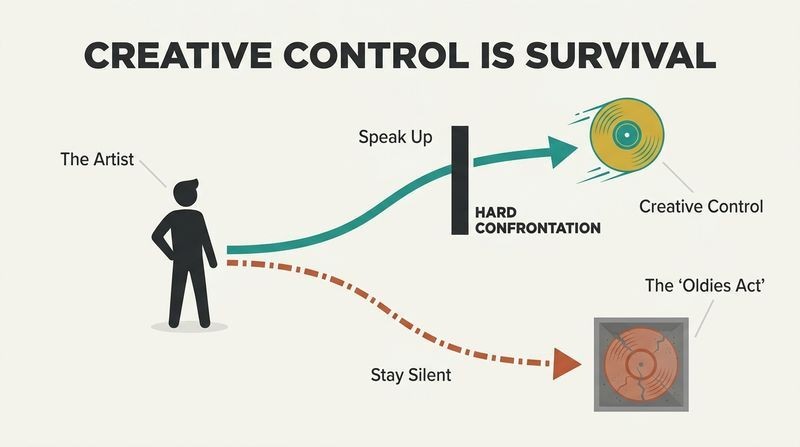 A branching path diagram showing an artist silhouette choosing between staying silent, which leads down to a cracked record in a box, or speaking up through a confrontation barrier, which leads up to a free-soaring golden record.