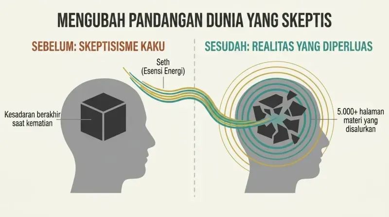 Split-panel diagram showing a skeptical mind as a closed, rigid cube transformed into an open, radiating vessel of expanded consciousness by an external energy stream.