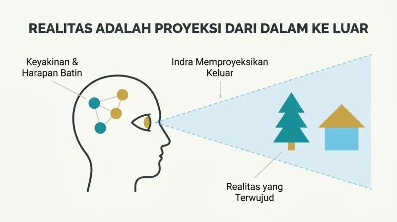 A minimalist diagram depicting a human head silhouette projecting reality from its eye like a film projector, materializing abstract beliefs on the left into a physical landscape on the right.