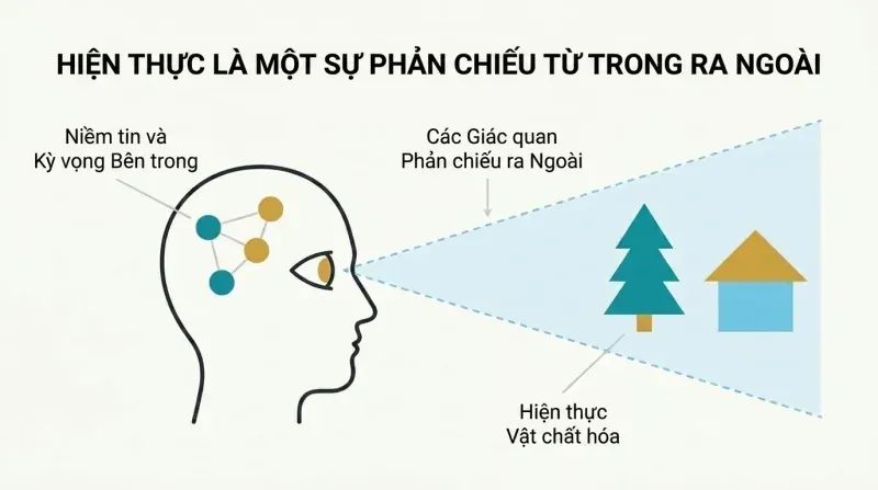 A minimalist diagram depicting a human head silhouette projecting reality from its eye like a film projector, materializing abstract beliefs on the left into a physical landscape on the right.
