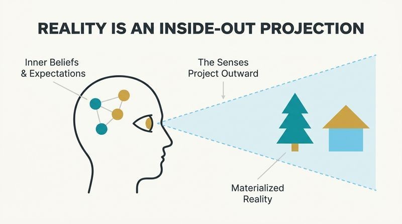 A minimalist diagram depicting a human head silhouette projecting reality from its eye like a film projector, materializing abstract beliefs on the left into a physical landscape on the right.