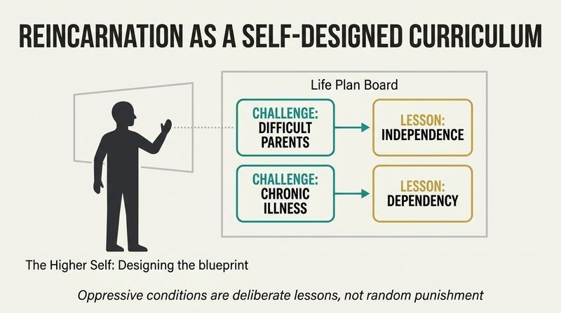 A blueprint-style diagram showing a minimalist silhouette selecting difficult life challenges to design a custom learning path for soul growth.