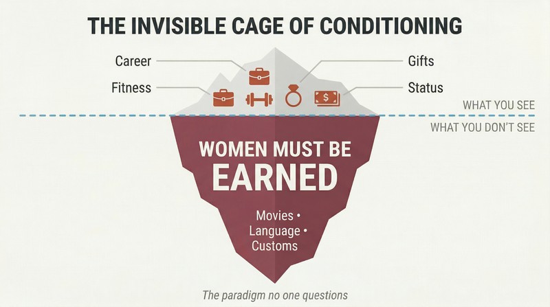 Iceberg diagram showing visible earning behaviors above a waterline and the massive hidden belief that women must be earned below it.