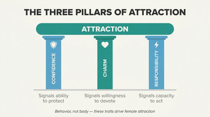 Three equal pillars labeled confidence, charm, and responsibility support a horizontal bar representing attraction, with evolutionary signals at their base.