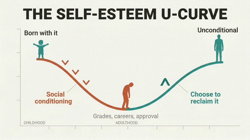 U-shaped curve showing self-esteem starting high in childhood, dropping through social conditioning, and rising again through unconditional self-acceptance.