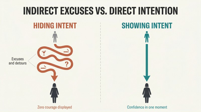 Split panel comparing a winding detour-filled path representing indirect approaches against a single bold straight arrow representing direct intention, both aimed at the same destination.
