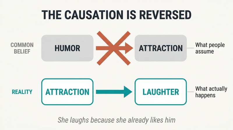 Two-row comparison showing the common belief that humor causes attraction crossed out, with the reality that attraction causes laughter highlighted below.