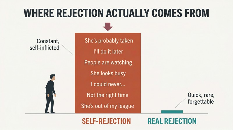 Two contrasting vertical bars showing a towering column of self-rejections dwarfing a tiny column of real rejections, revealing the true source of missed opportunities.