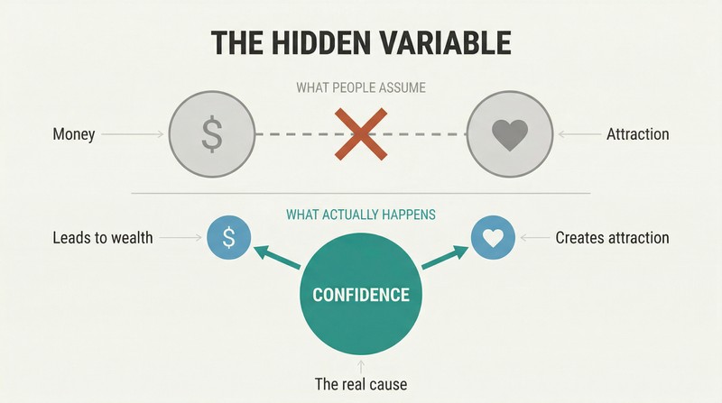 Two-tier diagram showing a false direct link between money and attraction crossed out above, while below, confidence radiates as the true cause of both.