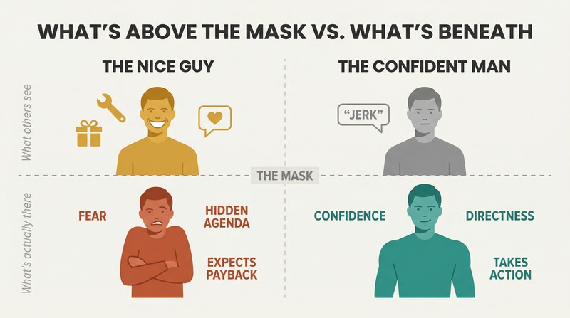 Split panel comparing two figures, each divided by a mask line — the polite surface of a "nice guy" hides fear and hidden agendas, while the rough surface of a confident man hides genuine directness and self-assurance.