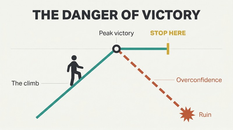 Ascending path reaches a peak where it forks — one path stops at victory, the other plunges steeply downward into overreach and ruin.