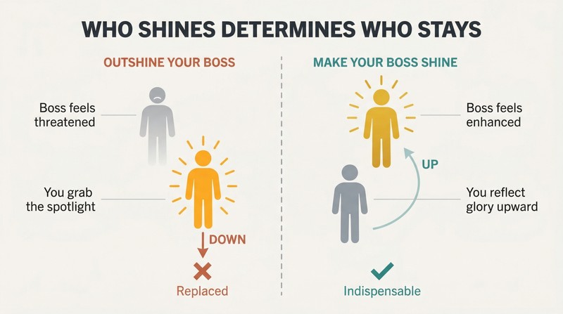 Split panel comparing a subordinate who outshines their boss and gets replaced versus one who makes their boss shine and becomes indispensable.