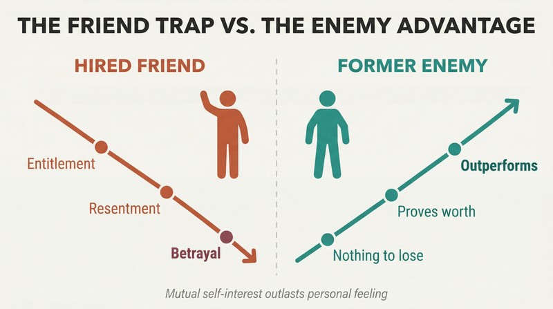 Split panel comparing a declining friend trajectory driven by entitlement and resentment against a rising former-enemy trajectory driven by proving worth.