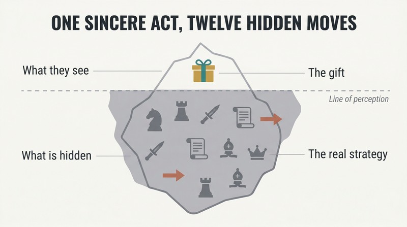 Iceberg diagram showing a single gift box visible above a waterline while numerous chess pieces and strategic arrows hide in the large mass below.