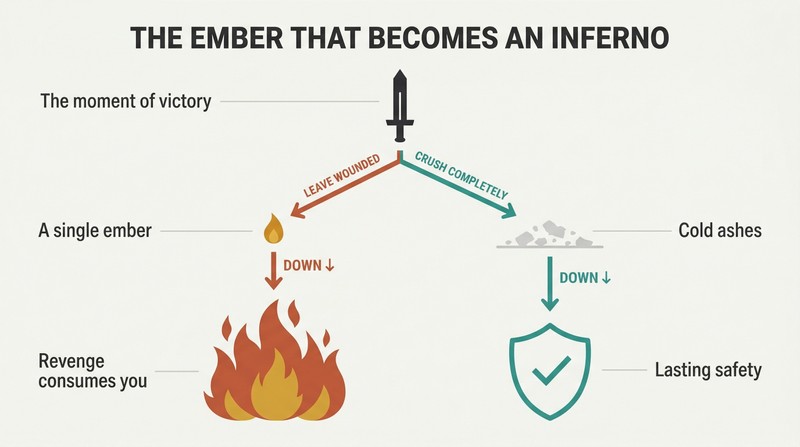 Fork diagram showing how leaving a wounded enemy as a smoldering ember leads to a consuming fire, while fully extinguishing the threat leads to lasting safety.