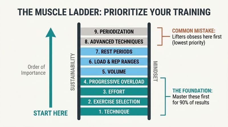 A horizontal infographic showing a colored muscle-building ladder with 9 priority rungs supported by two side rails labeled Sustainability and Mindset.