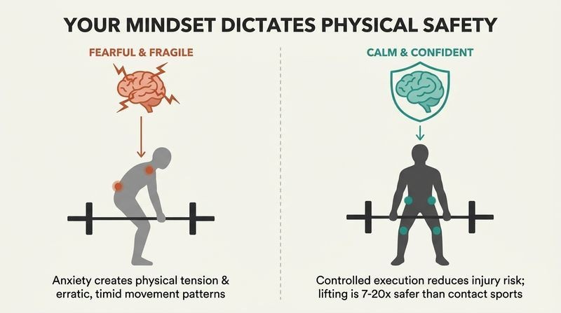 Split panel diagram comparing how a fear-based mindset causes rigid, high-risk lifting postures, while a confident mindset produces stable, safe training mechanics.