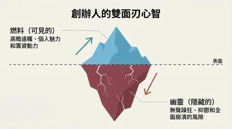 Iceberg diagram showing the visible, high-energy success of startup founders above the waterline, contrasted with the hidden mental health crises and instability below.