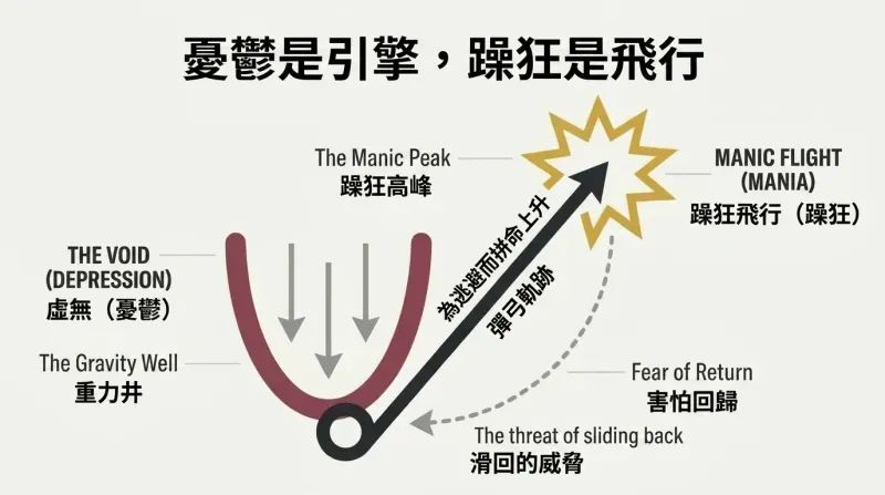 Slingshot diagram showing how the heavy, crushing gravity of depression acts as a launchpad, fueling a desperate, unstable manic flight upward.