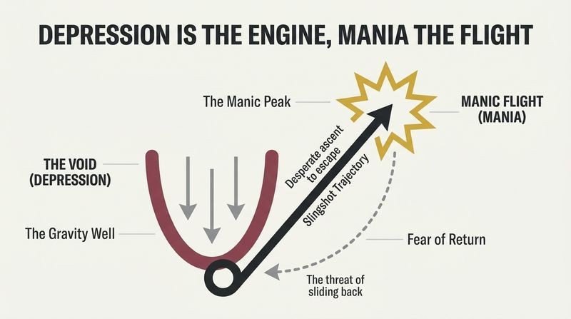 Slingshot diagram showing how the heavy, crushing gravity of depression acts as a launchpad, fueling a desperate, unstable manic flight upward.