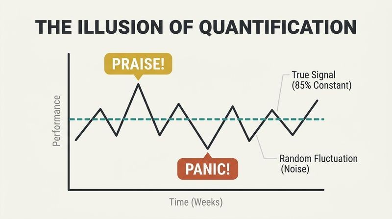 A stylized line graph illustrating how random variation around a stable 85 percent baseline causes unjustified cycles of praise and panic.