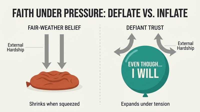 Split panel comparison showing fair-weather faith collapsing under pressure on the left, while bold "even though" faith expands and deflects pressure on the right.