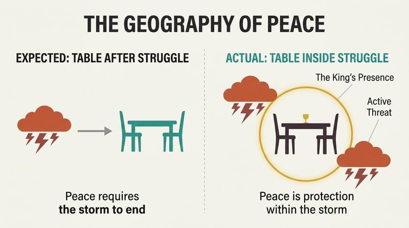 A split-panel diagram comparing the human expectation of finding peace only after a storm passes with the divine reality of a peaceful table set directly inside an active storm.