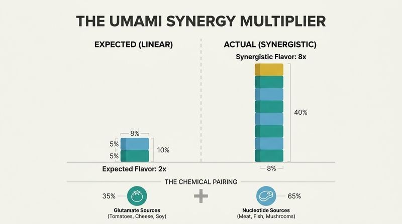 Split bar chart comparing the expected linear addition of two umami compounds (resulting in a small 2x flavor block) against their actual synergistic combination (exploding into a massive 8x tower).