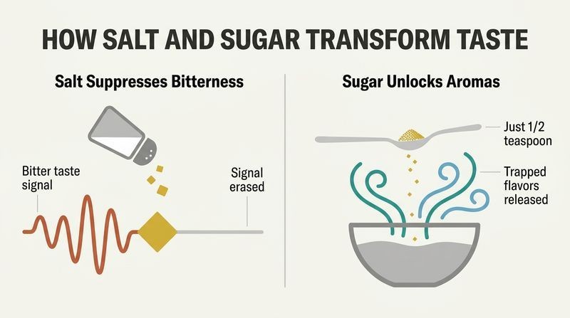 Split diagram showing how salt blocks and erases bitter taste signals, while a tiny amount of sugar unlocks trapped aroma and flavor waves.