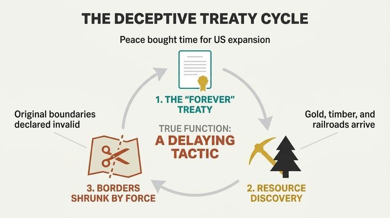 Circular flow diagram illustrating how treaties functioned as repeating loops of temporary peace, settler encroachment, and forced border reduction.