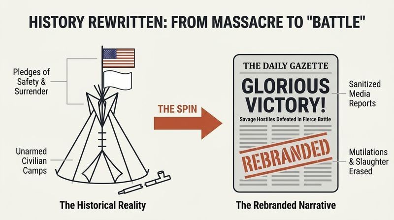 A split-panel diagram showing a peaceful, surrendered Native camp flying flags on the left, transformed by a propaganda arrow into a sanitized newspaper headline reading "Glorious Victory" on the right.