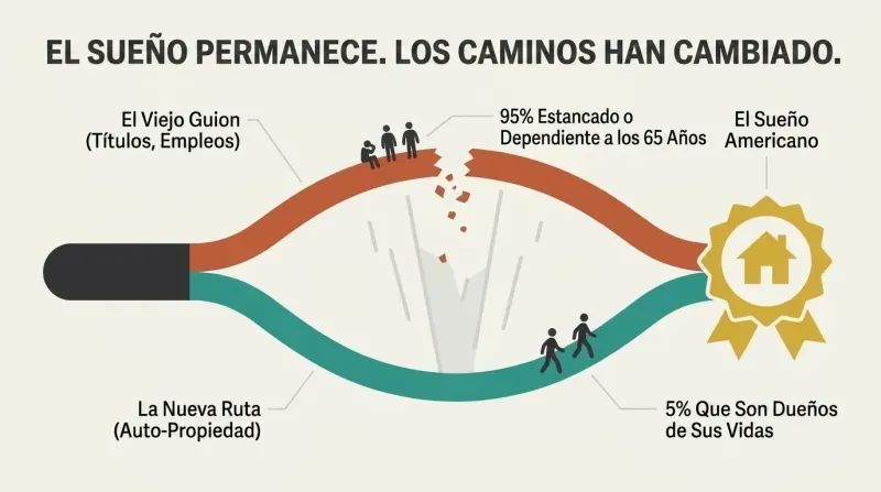 Forked road diagram showing a collapsed upper bridge representing the broken old script where 95 percent get stuck, and a solid lower bridge representing self-ownership where 5 percent reach the American Dream.