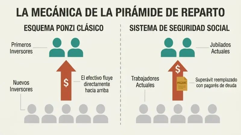 Split-panel diagram showing the identical upward money-flow mechanics of a classic Ponzi scheme and the US Social Security system.