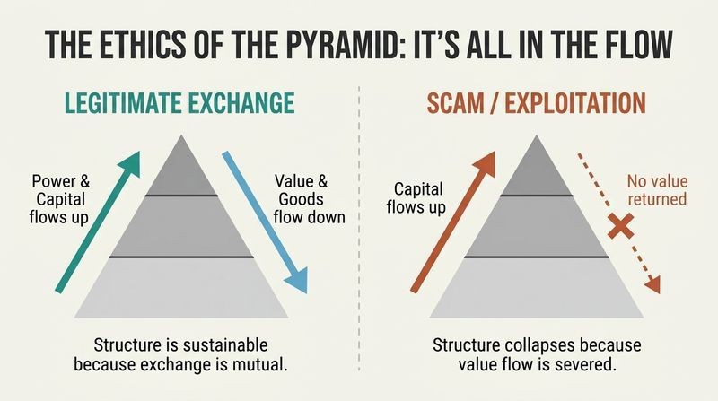 A split-panel diagram comparing a legitimate hierarchical structure where value flows down as capital flows up, with a scam structure where downward value is blocked.
