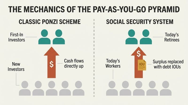 Split-panel diagram showing the identical upward money-flow mechanics of a classic Ponzi scheme and the US Social Security system.