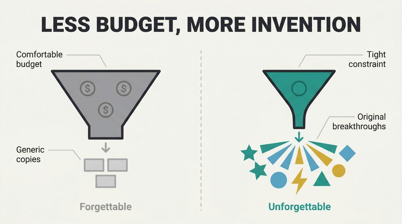 Split panel comparing a wide comfortable funnel producing small generic output against a narrow constraint funnel producing an explosion of creative ideas.