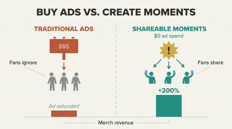 Split panel comparing traditional advertising with zero results against creating shareable fan moments that drive word-of-mouth growth and over 200% merchandise increase.